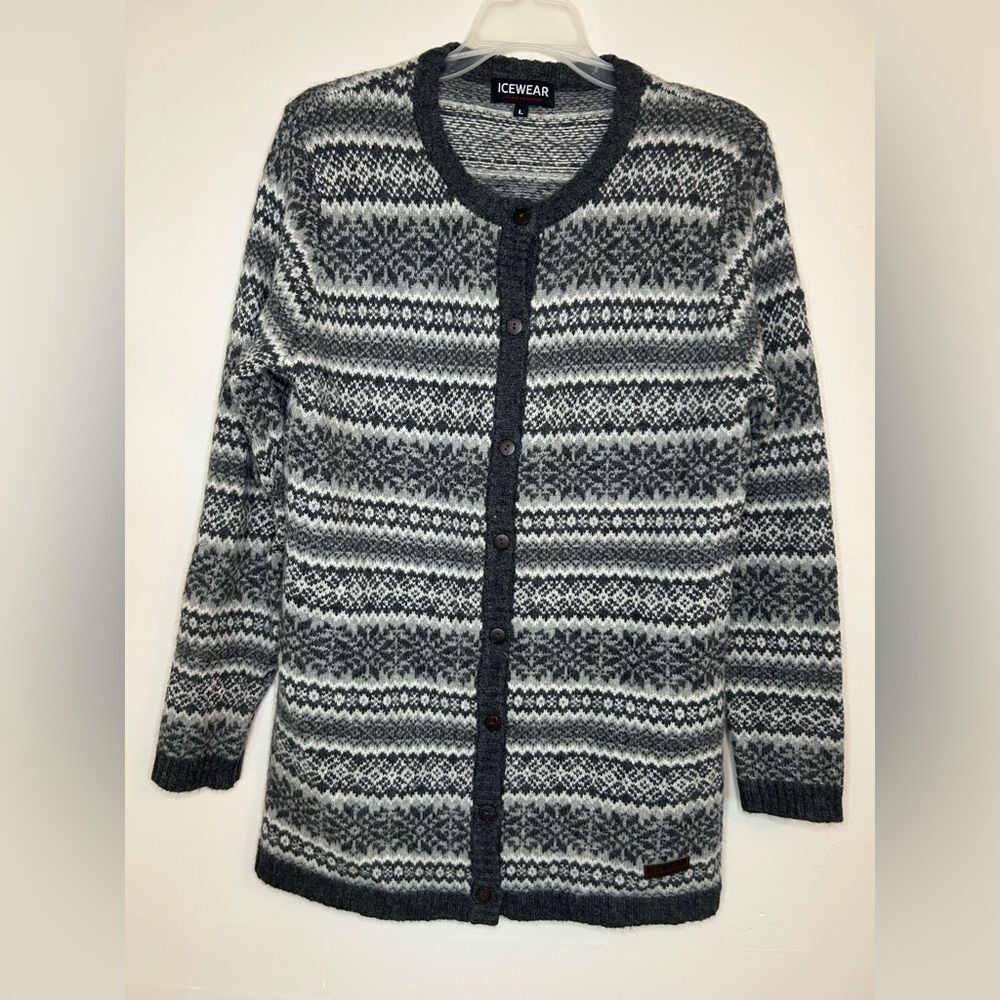 Icewear Fair Isle Icelandic Nordic gray white wool button up cardigan size Large